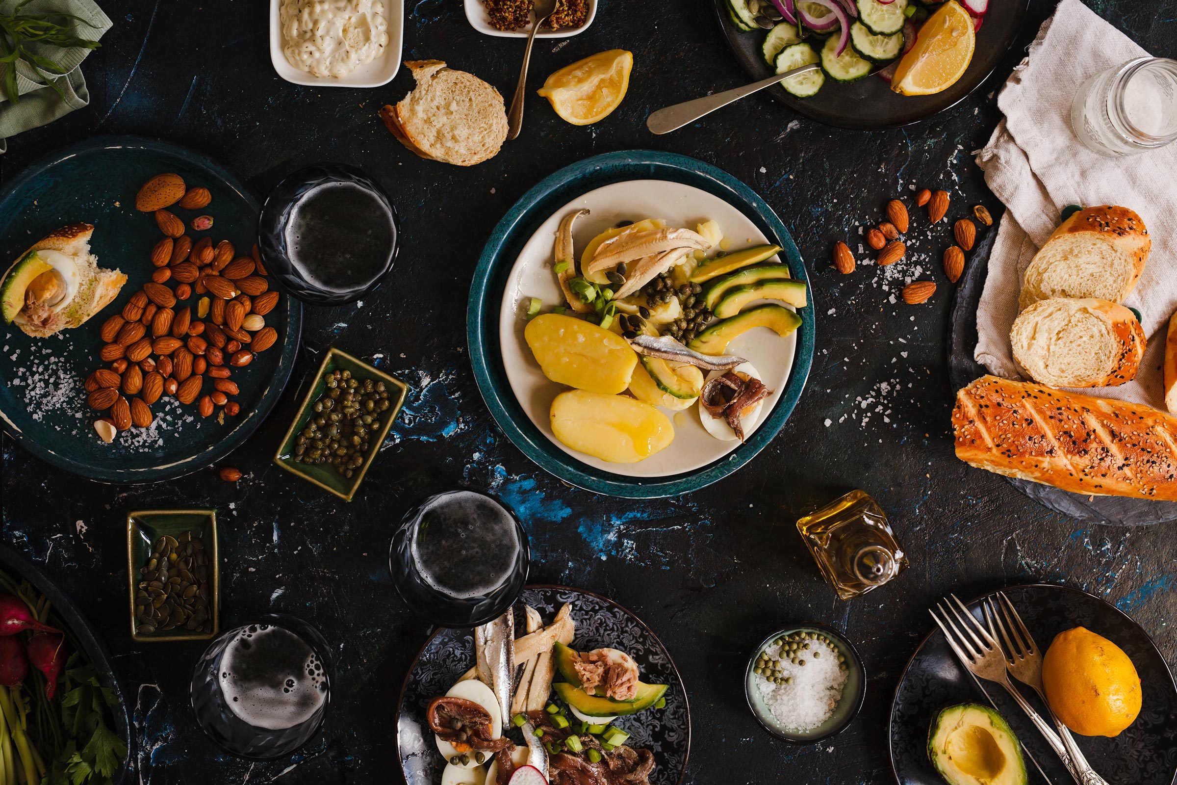 an assortment of foods on small plates 