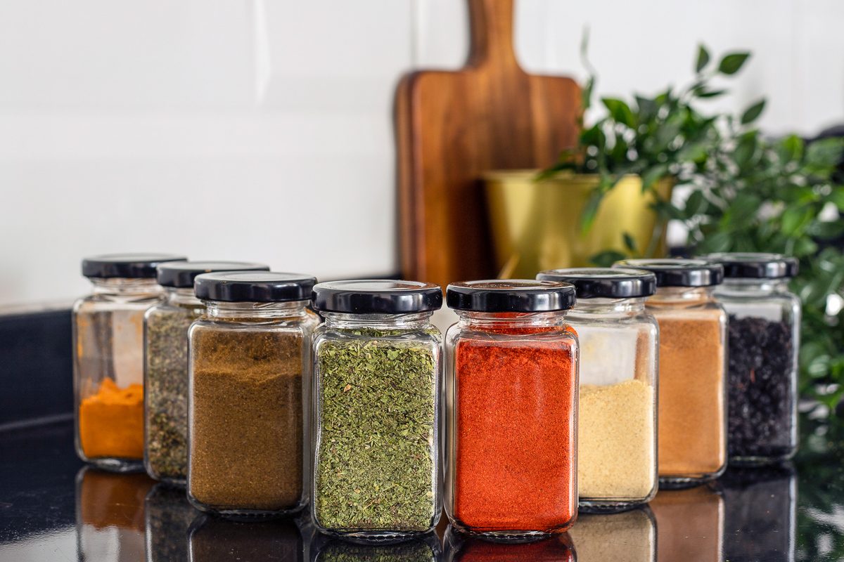 dried spices in glass jars