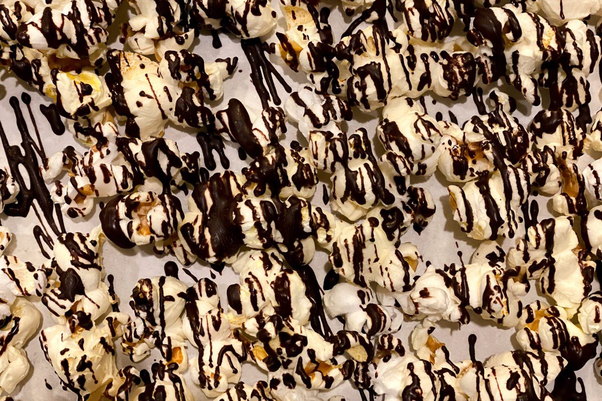 dark chocolate drizzle on popcorn