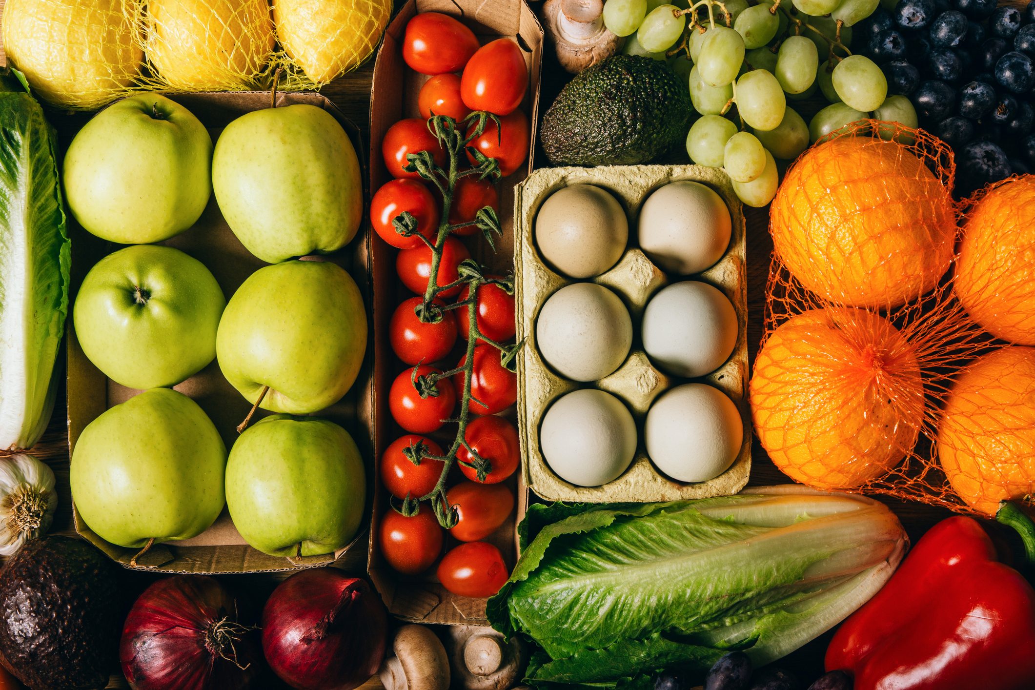 Colorful Fresh Produce Flat Lay with Eggs, Vegetables and Fruits